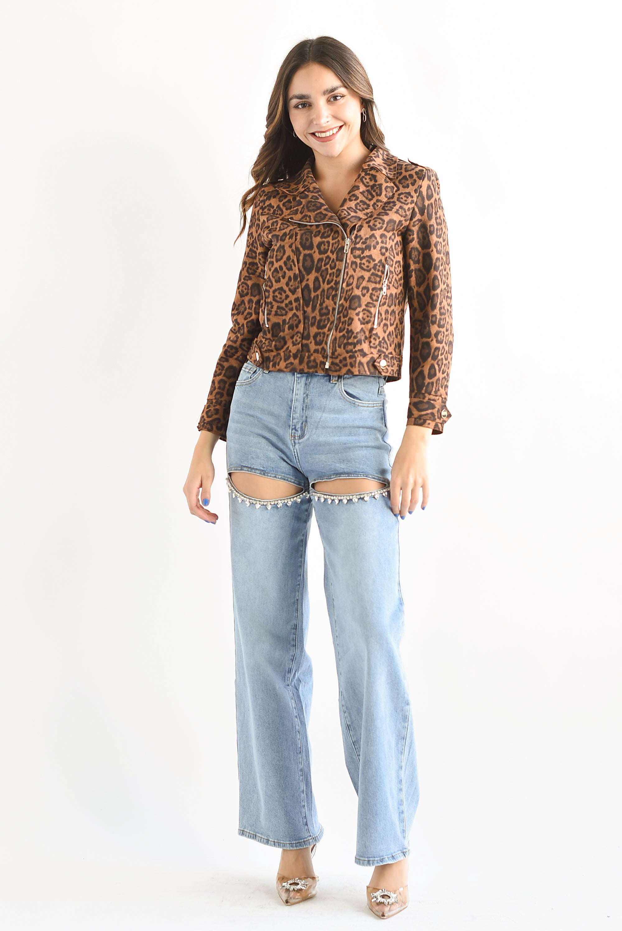 Chamarra biker suede Leopardo Camel