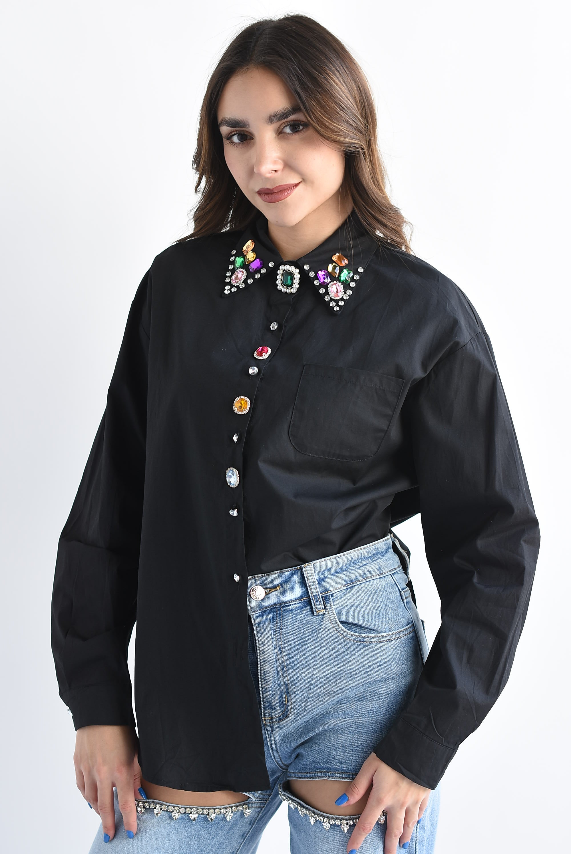 Camisa cuello joyas multi Negro