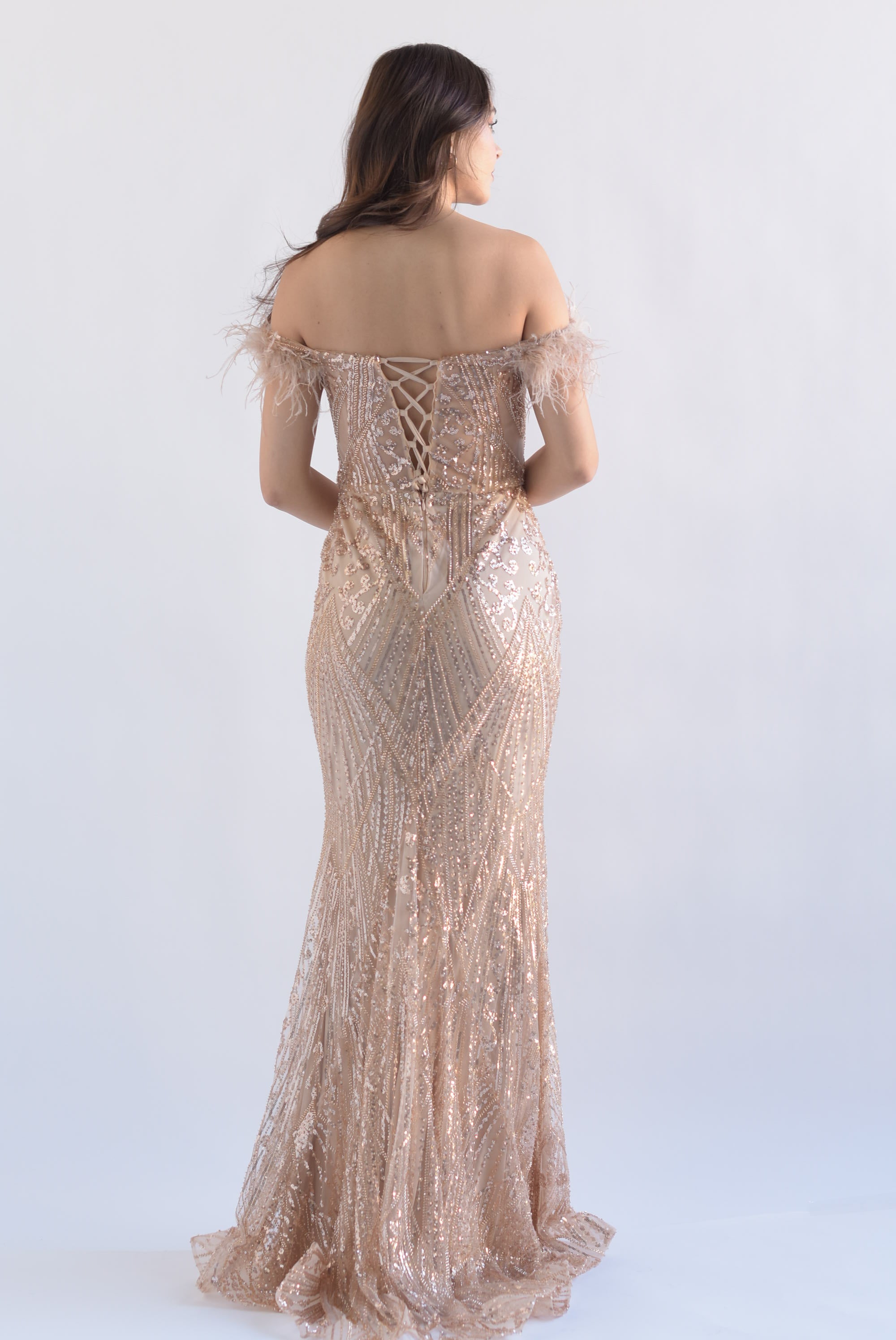 Vestido largo lentejuelas y plumas Rose Gold