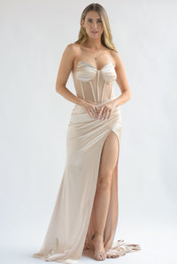 Fashion Styled Vestido largo corset drapeado Dorado