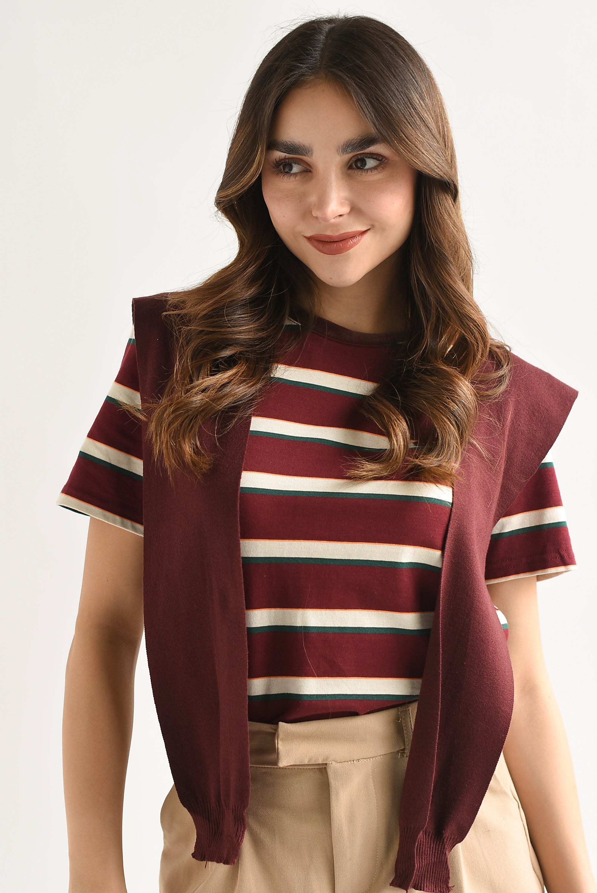 T-Shirt rayas simulación sweater Vino