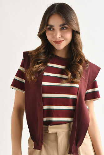 T-Shirt rayas simulación sweater Vino