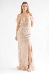 Fashion Styled Vestido largo lentejuelas y plumas Rose Gold