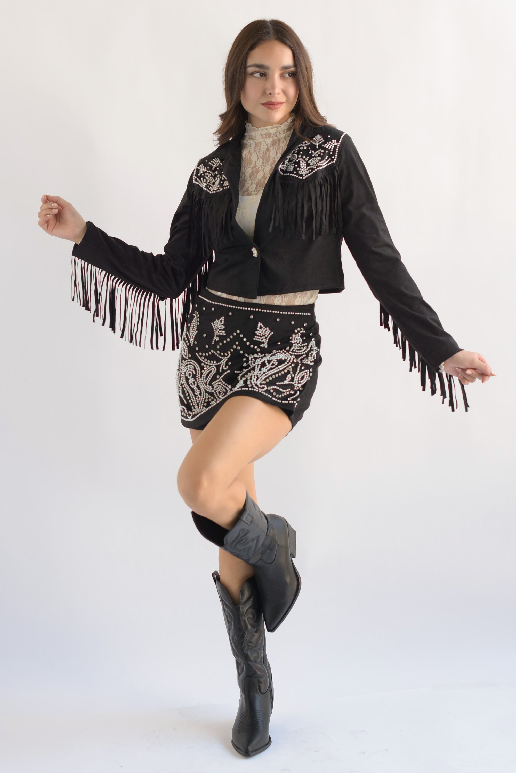 Set Falda-Short y Blazer cowboy suede Negro