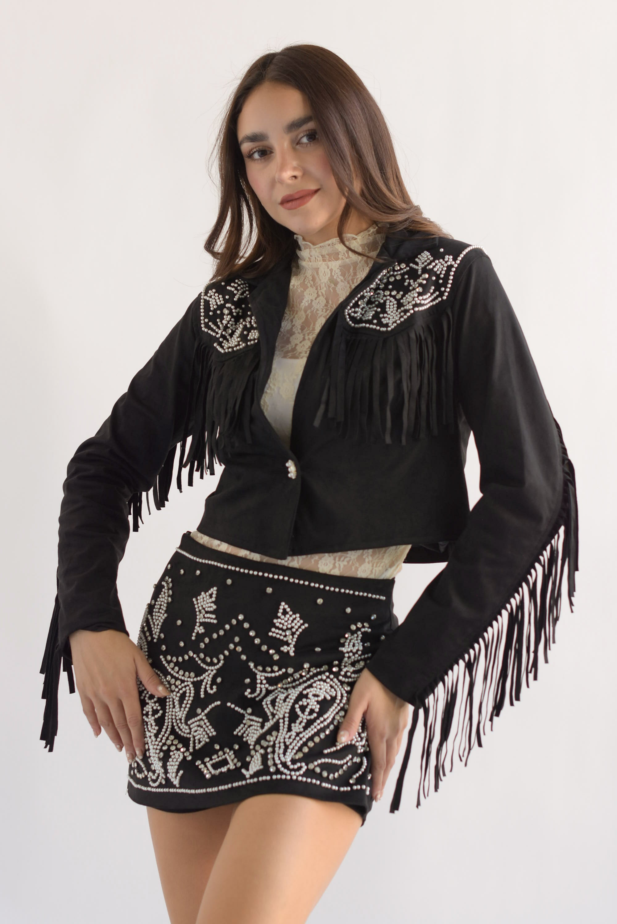 Set Falda-Short y Blazer cowboy suede Negro