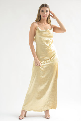 Vestido largo satín tirantes joya Dorado