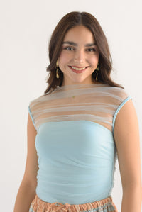 Fashion Styled Blusa mesh drapeada con top Azul Baby