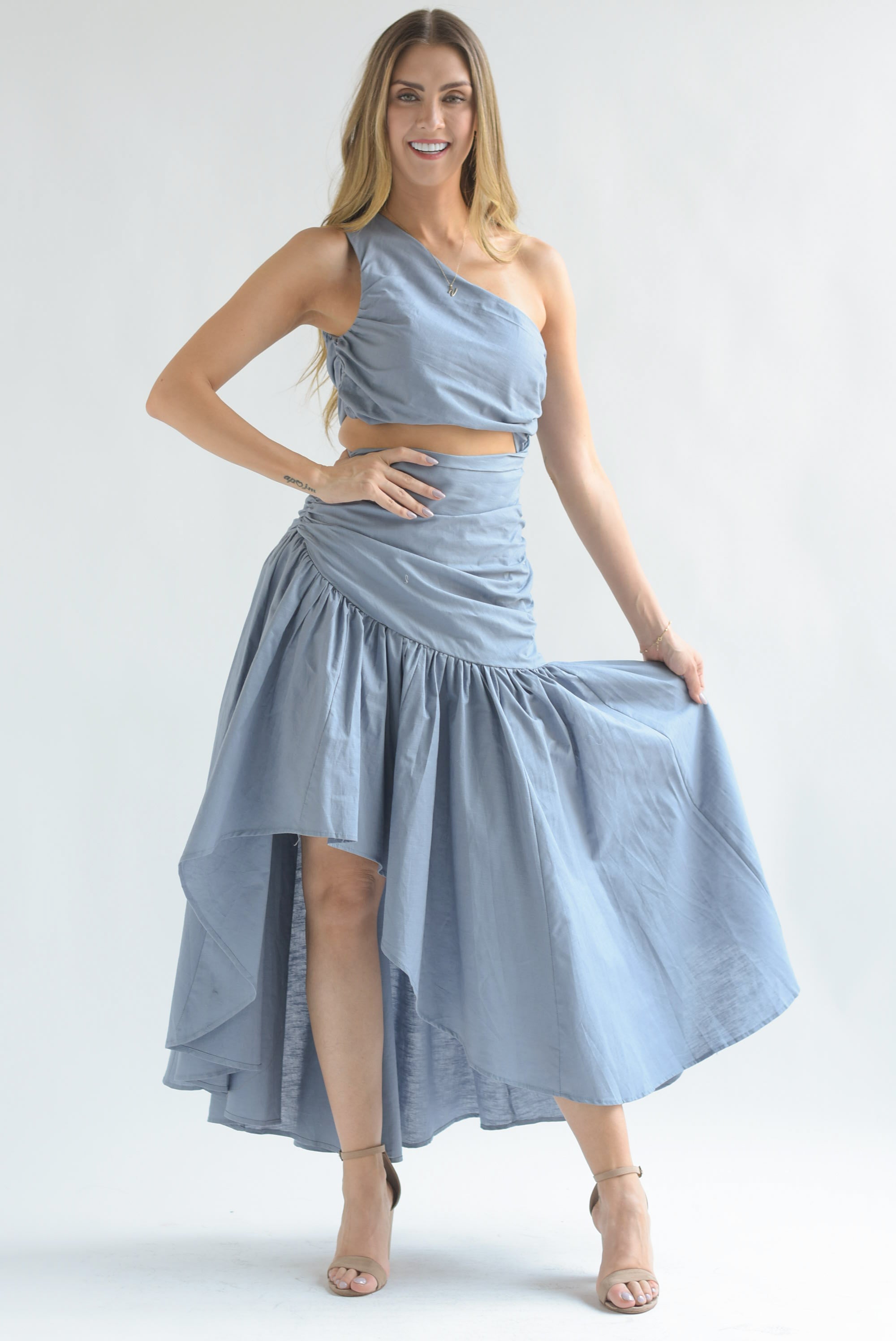 Vestido asimétrico drapeado Denim Blue