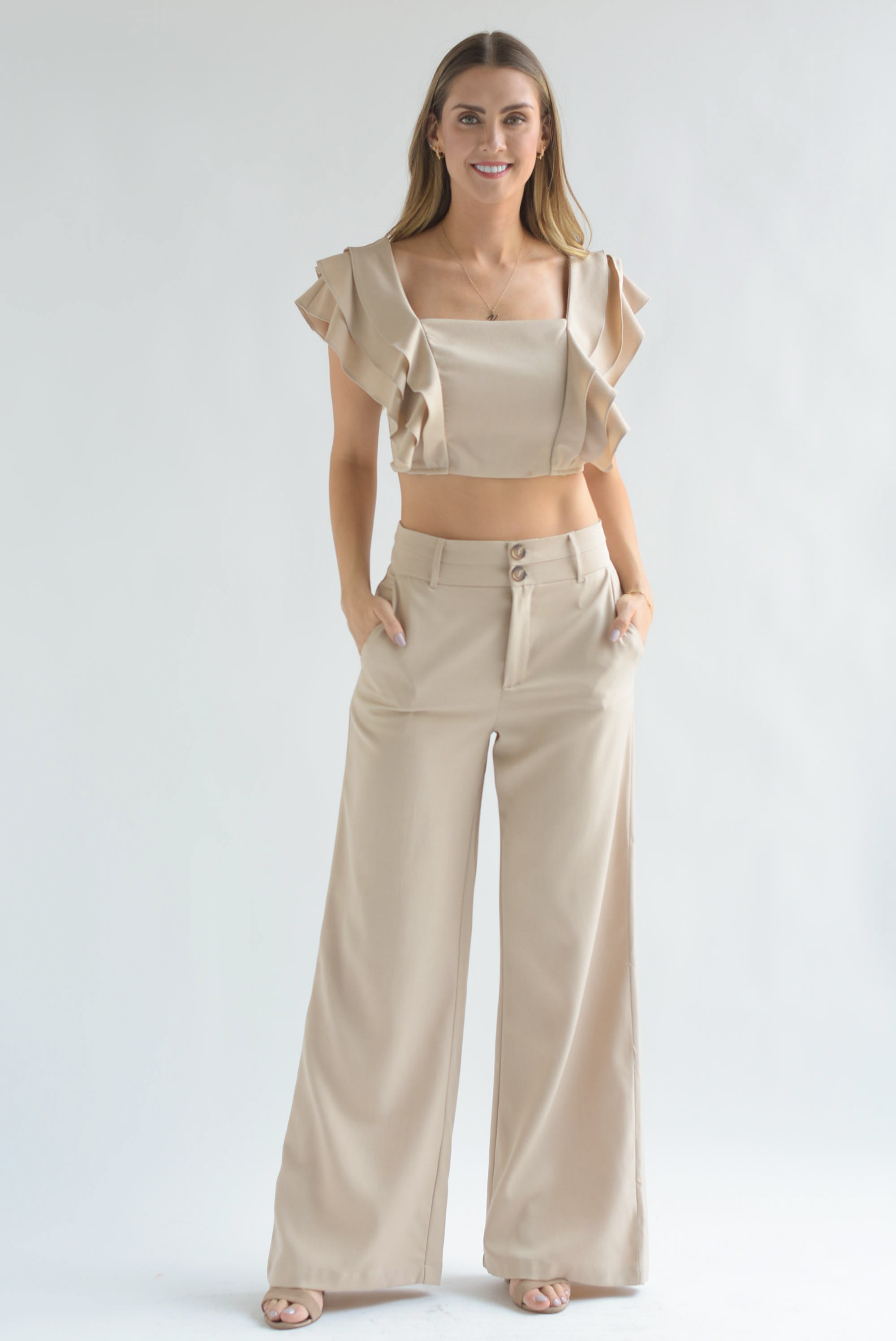 Set Pantalón y Blusa tirante olanes Kaki