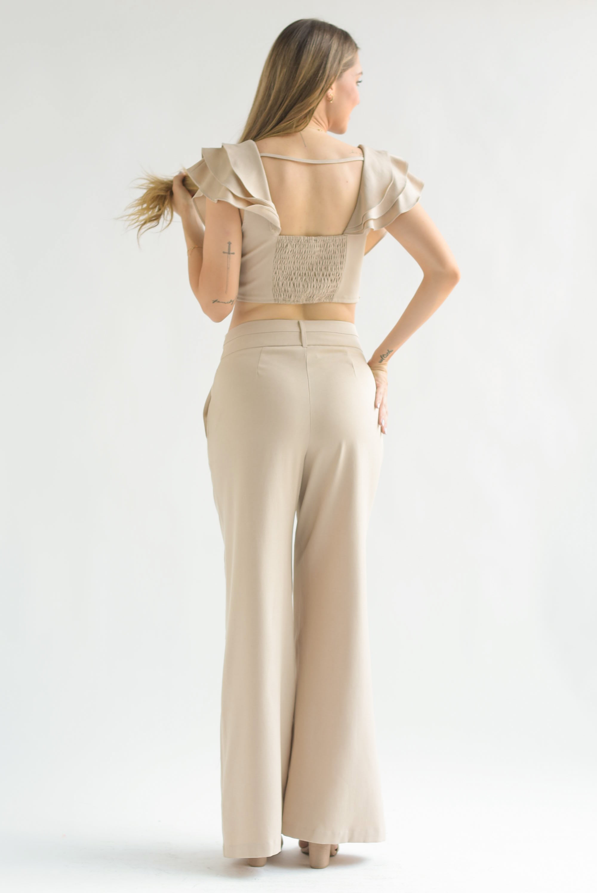 Set Pantalón y Blusa tirante olanes Kaki