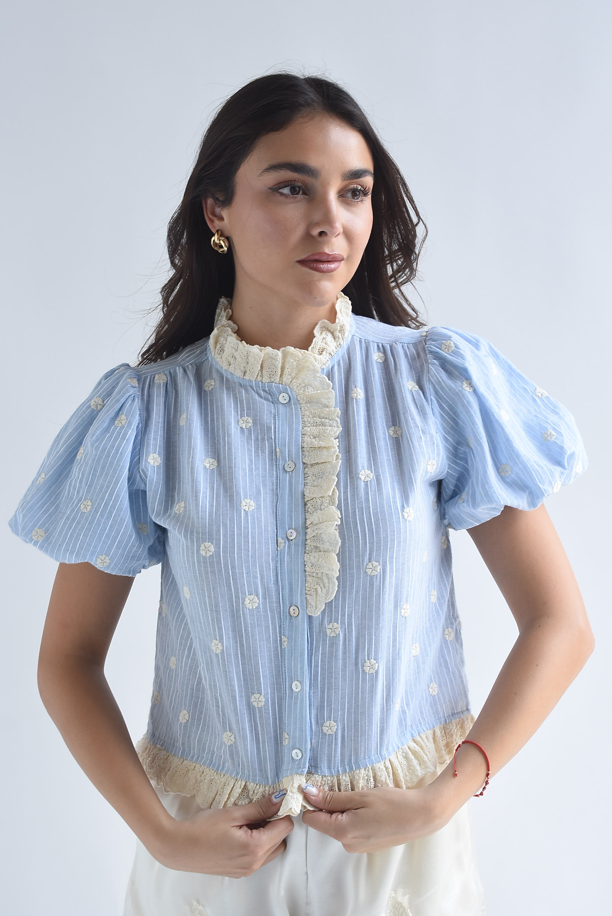 Blusa manga puffy rayas encaje