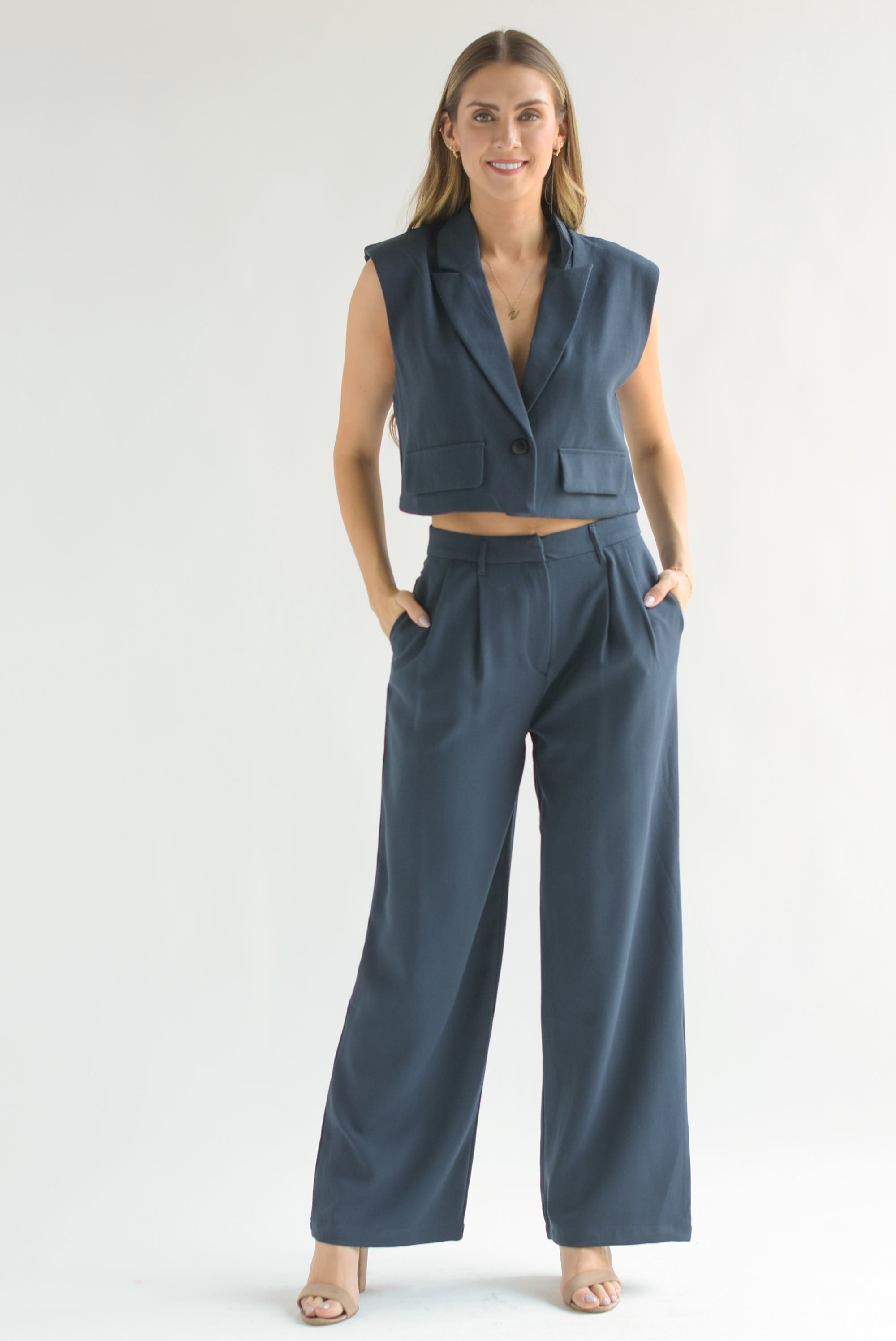 Set Pantalón y Chaleco crop Azul Marino