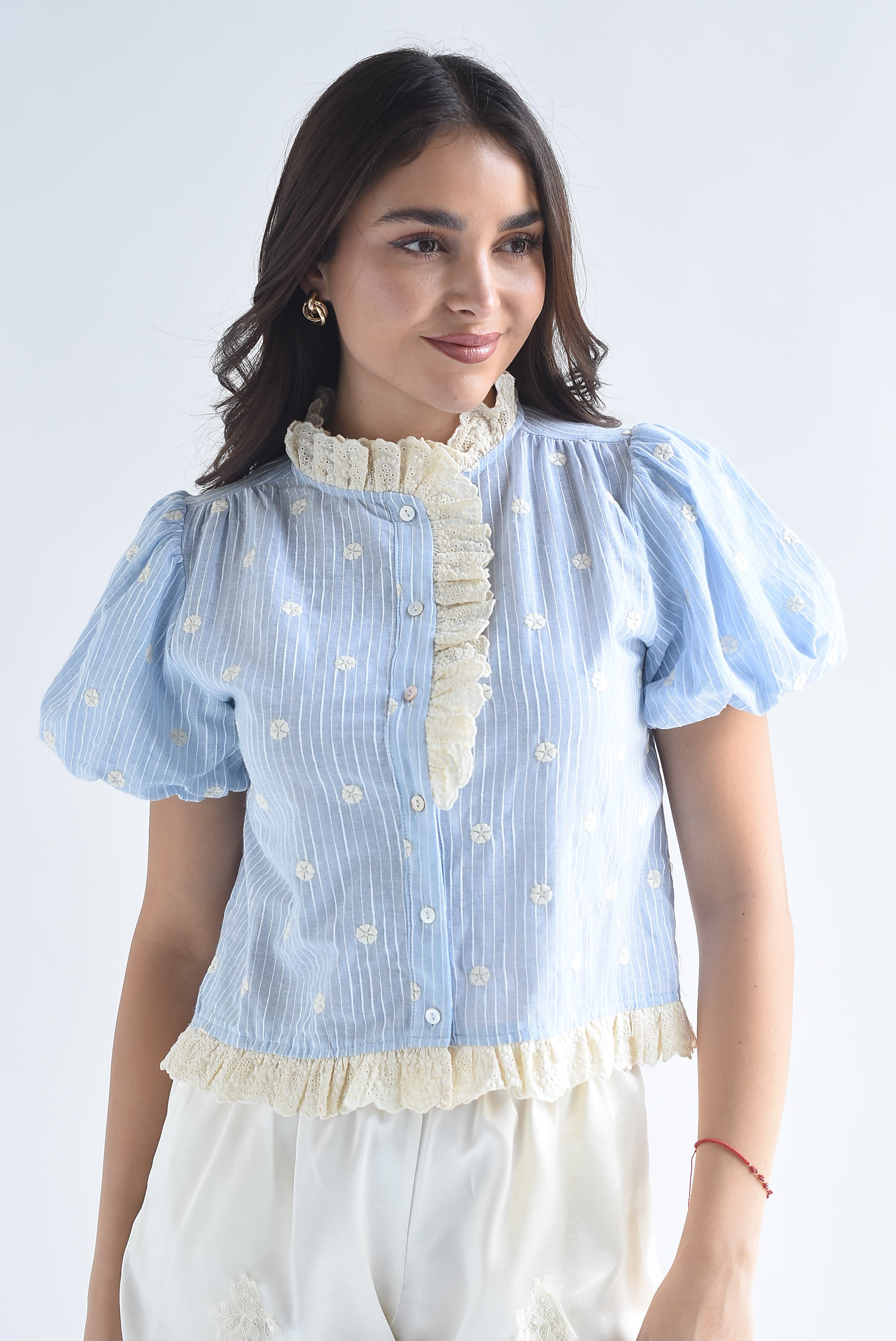 Blusa manga puffy rayas encaje