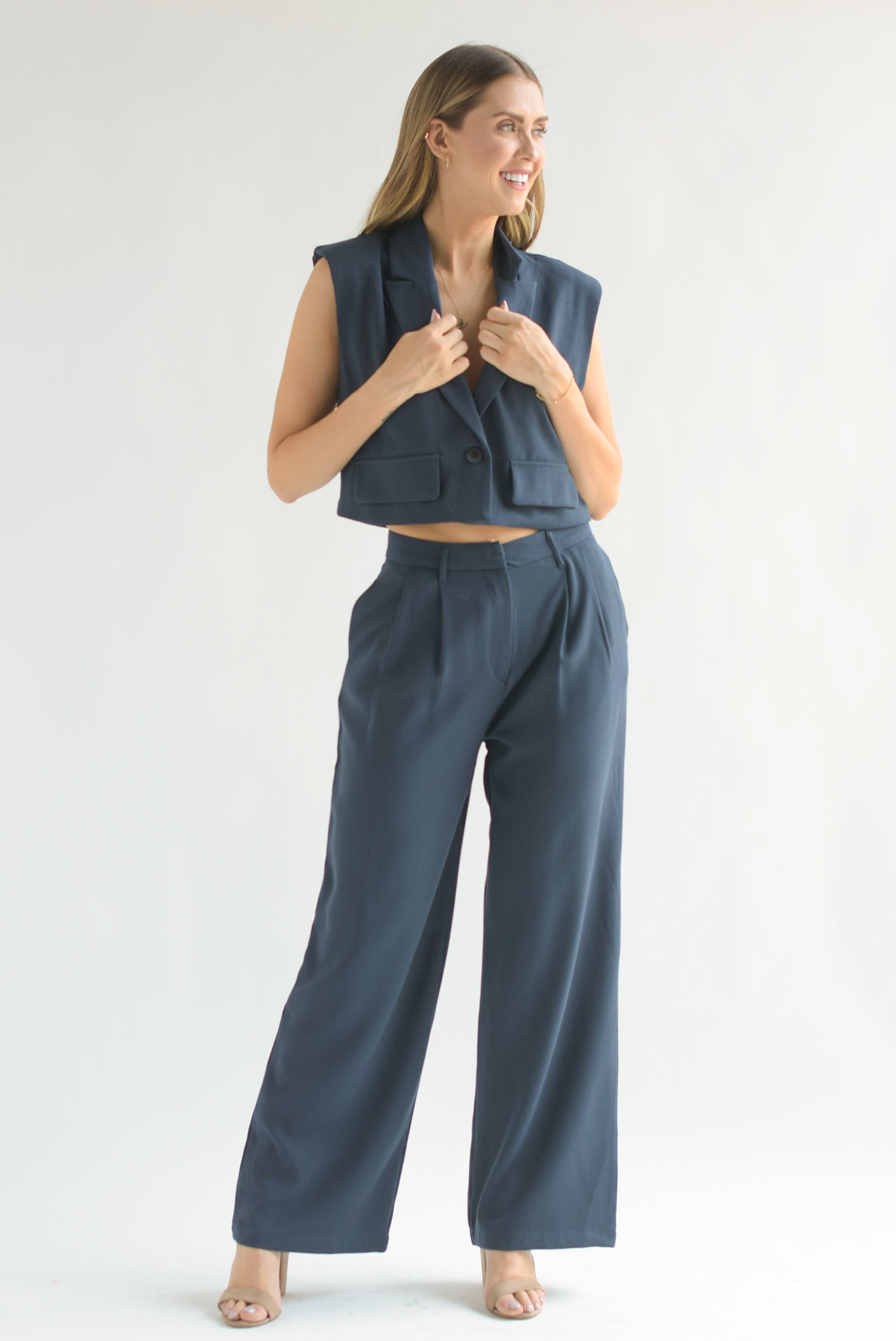 Set Pantalón y Chaleco crop Azul Marino