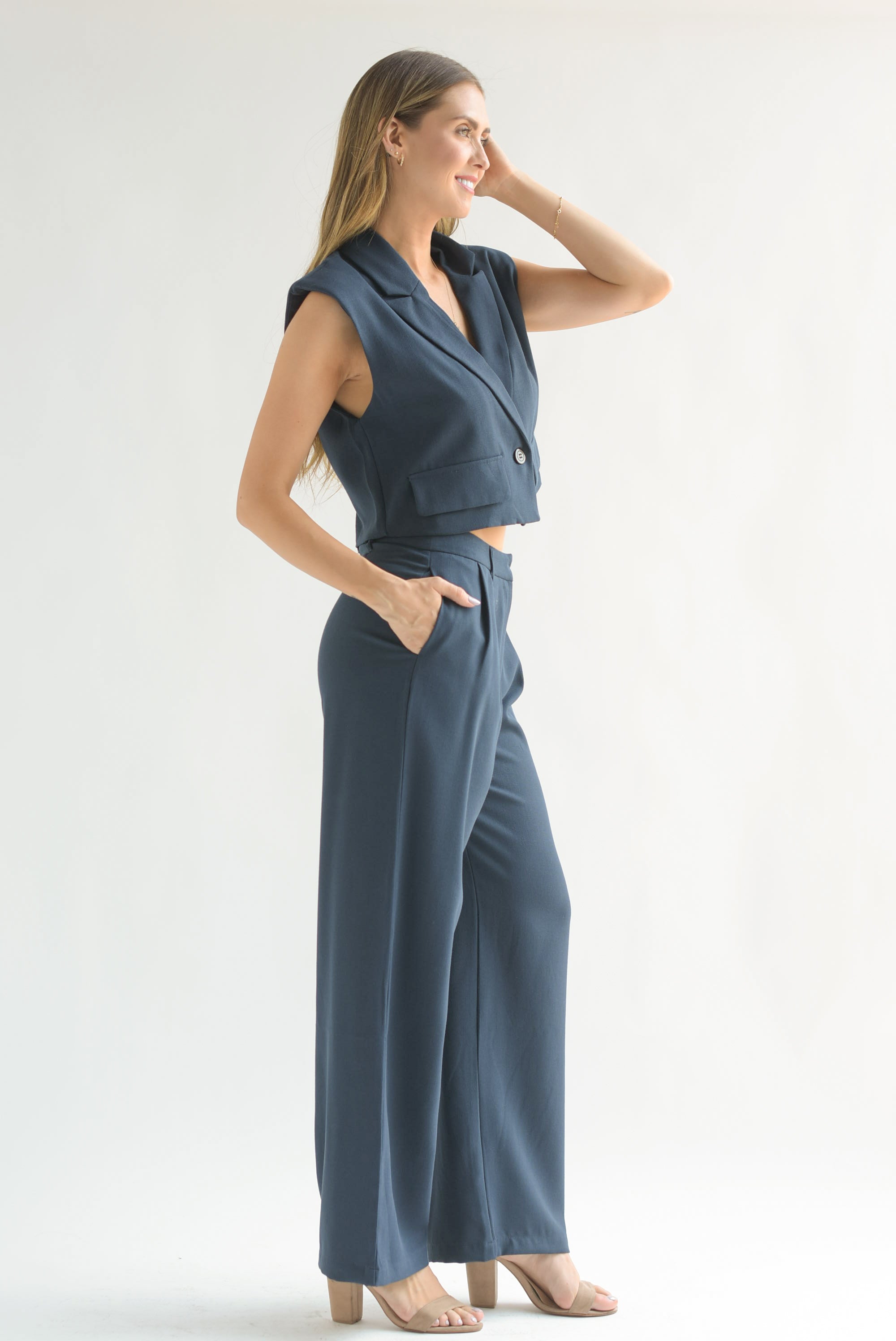 Set Pantalón y Chaleco crop Azul Marino