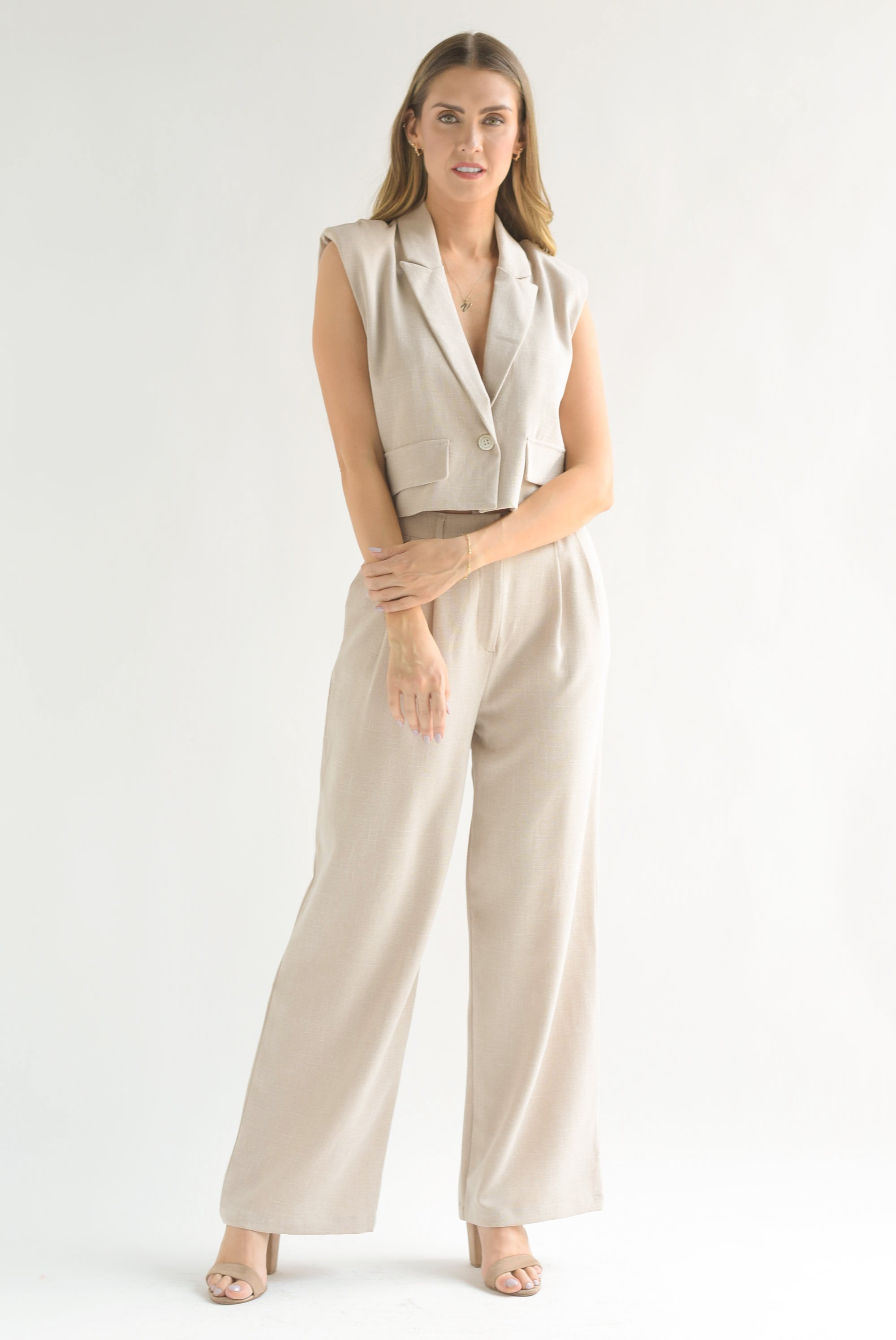 Set Pantalón y Chaleco crop Crudo