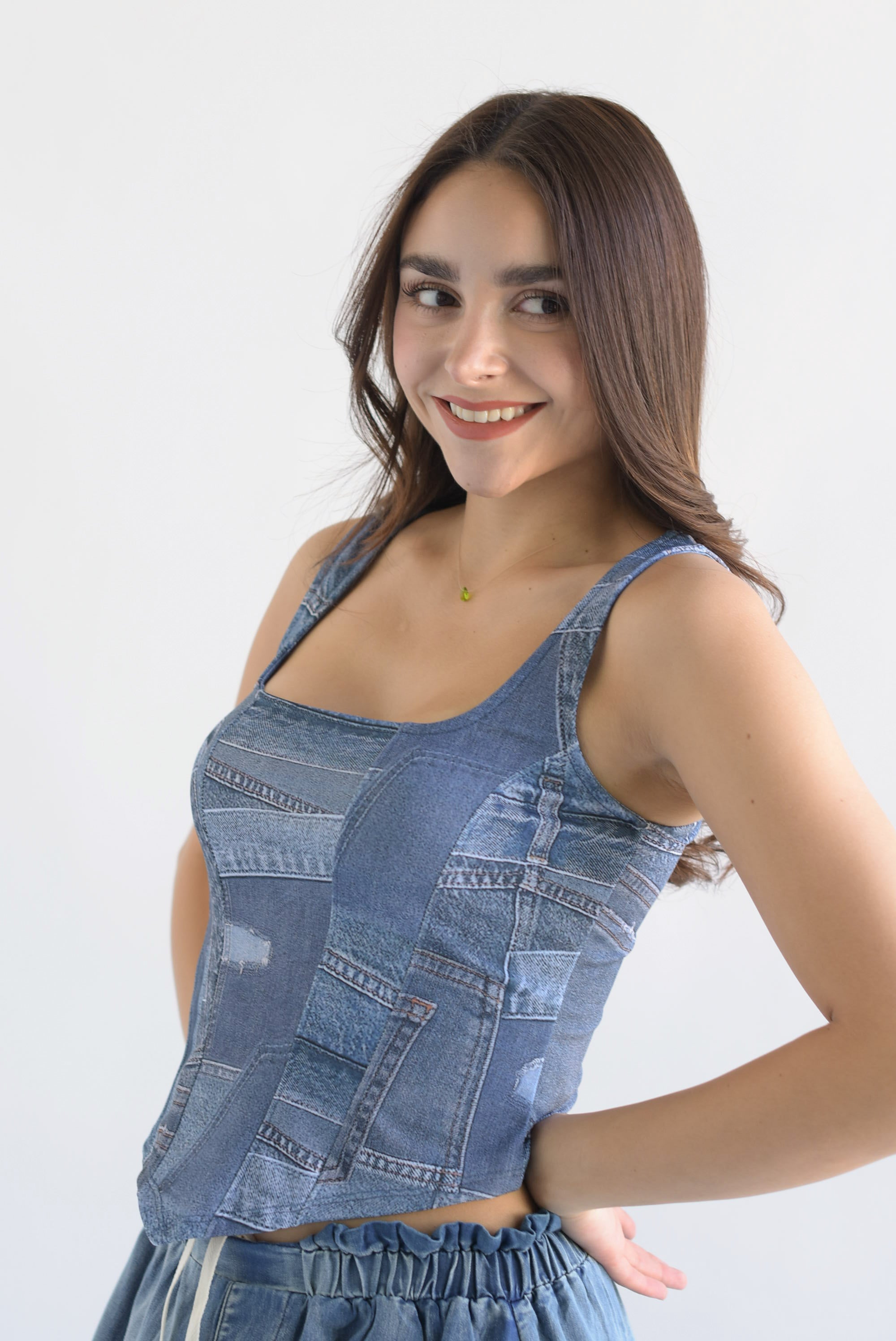 Top corsetero fake Denim patchwok