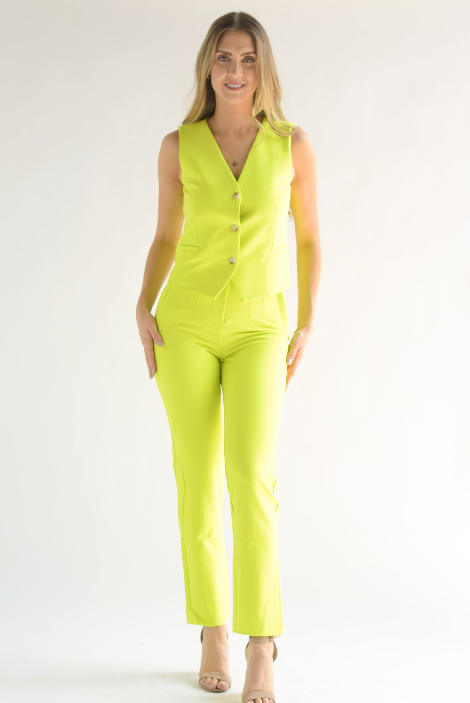 Set Pantalón pinzas y chaleco Lime Neón