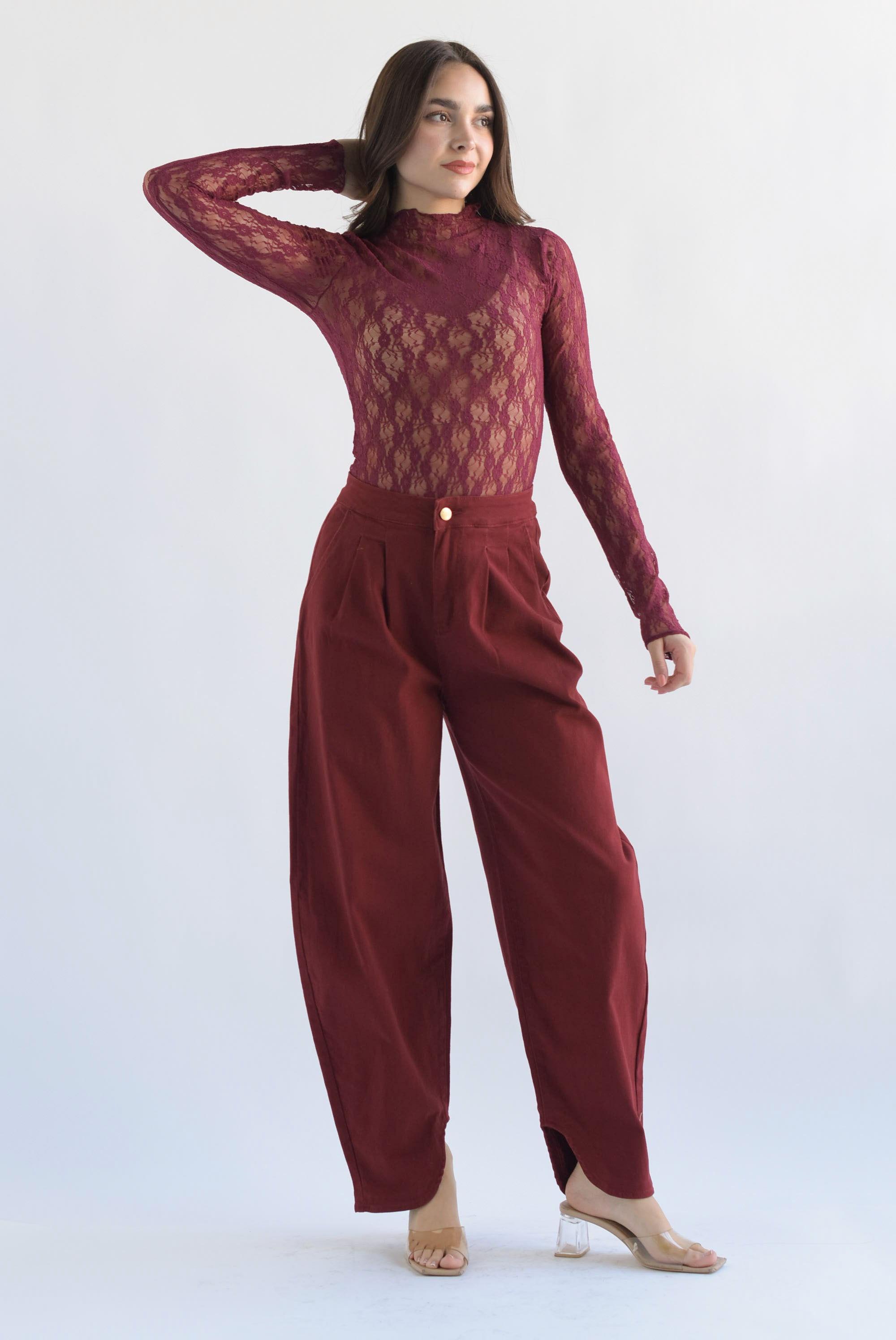 Pantalón globo pinzas Denim Vino