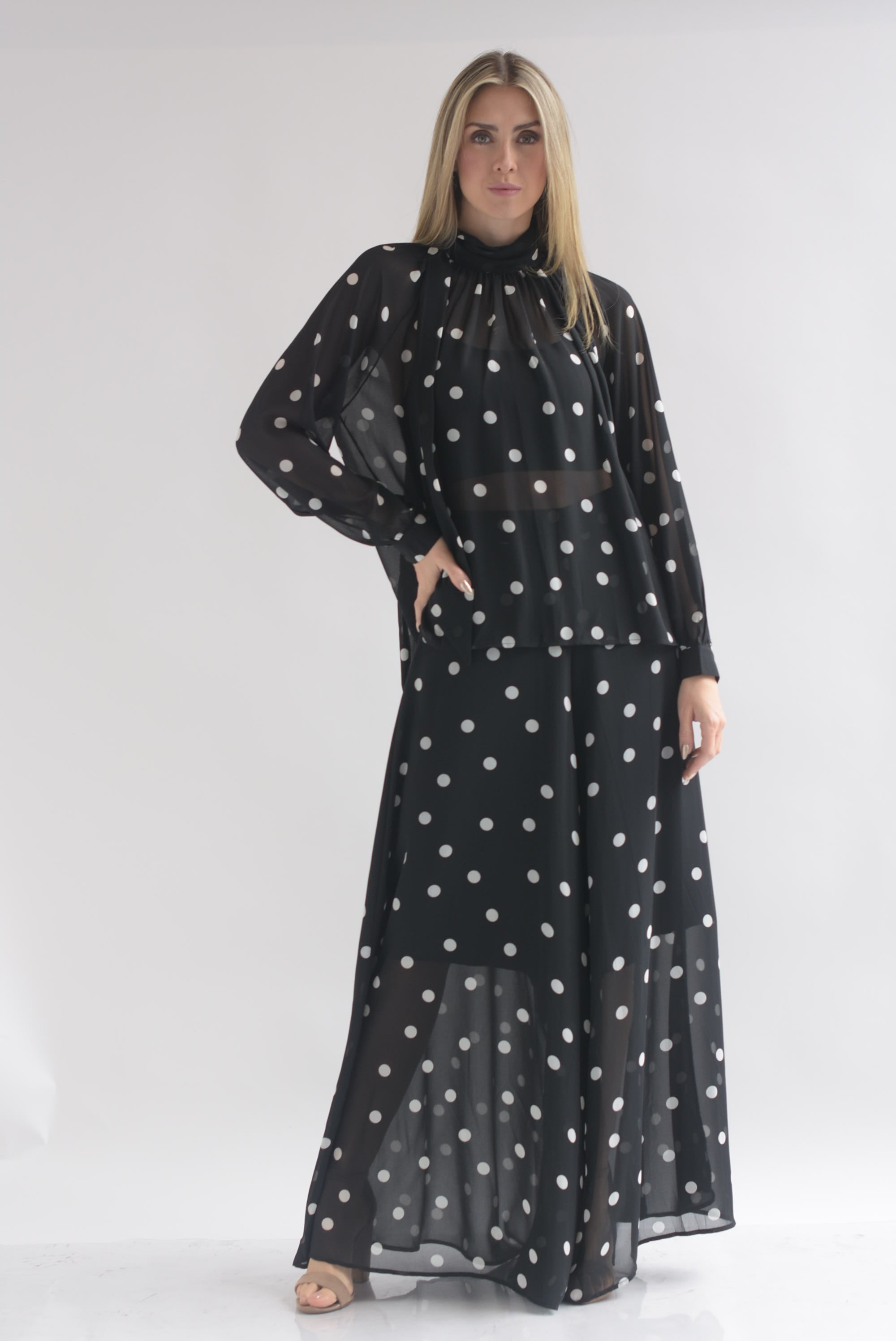 Set Pantalón super wide y Blusa gasa polka dots