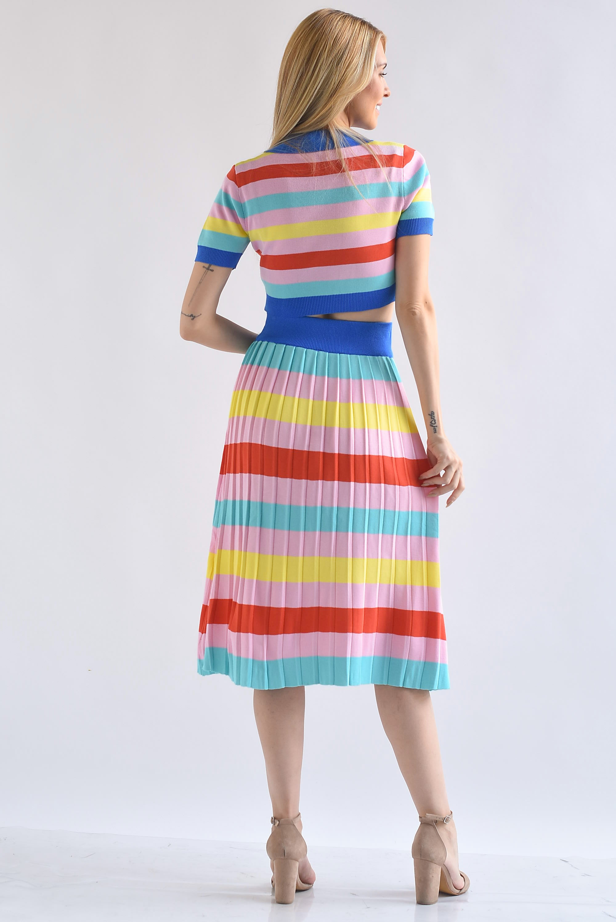 Set Falda plisada y Blusa polo punto rayas