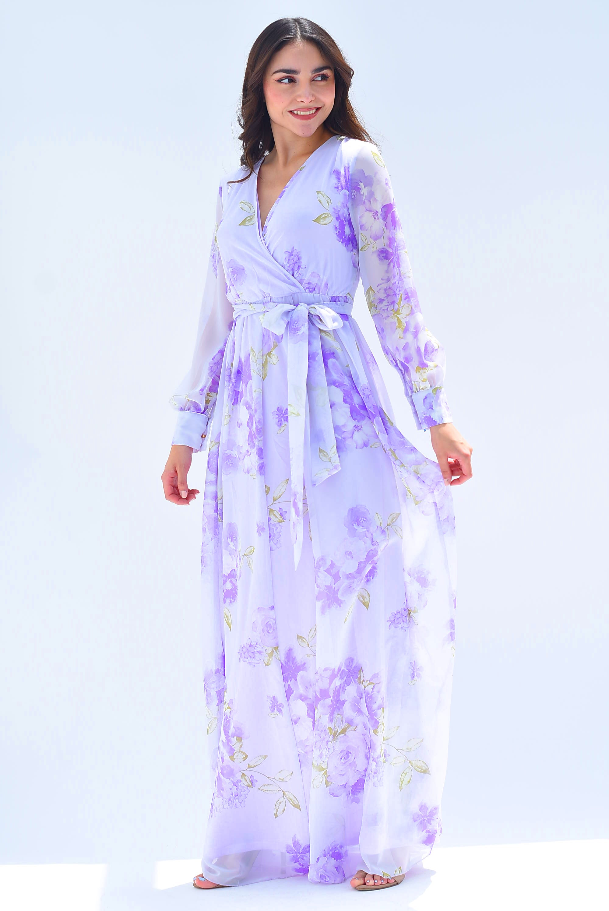 Maxidress gasa flores Lila