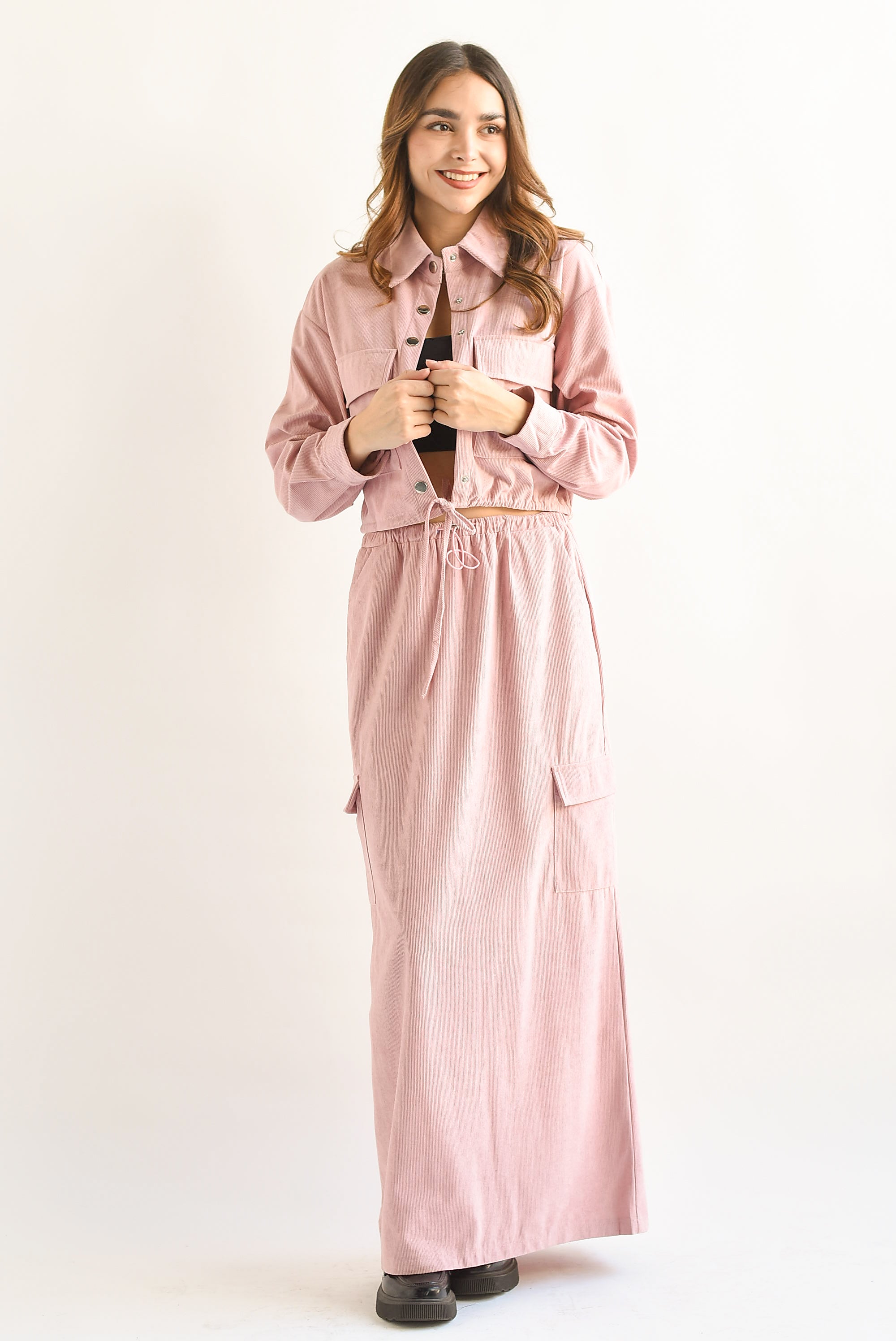 Set Falda y Chamarra cargo pana Rosa