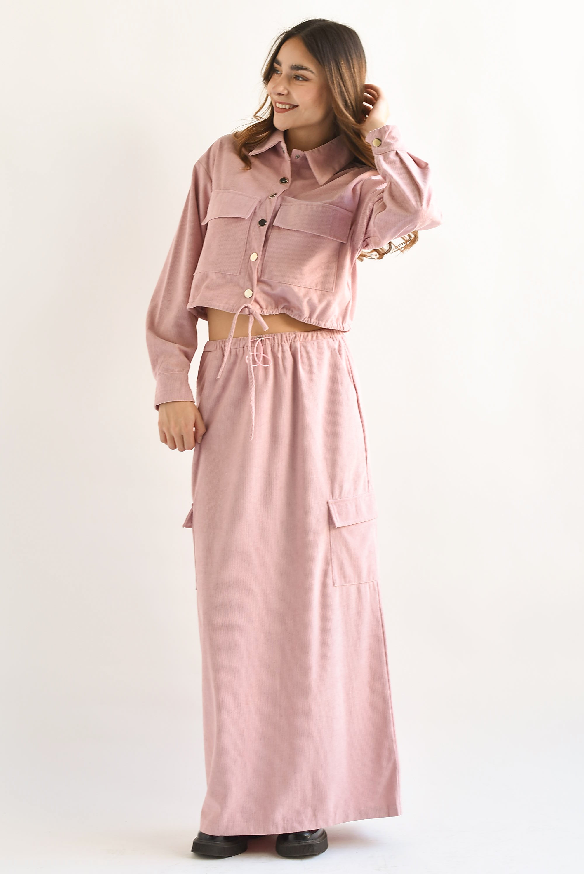 Set Falda y Chamarra cargo pana Rosa