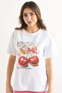 Fashion Styled T-Shirt CHERRY BOMB brillos Blanco