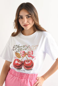 Fashion Styled T-Shirt CHERRY BOMB brillos Blanco