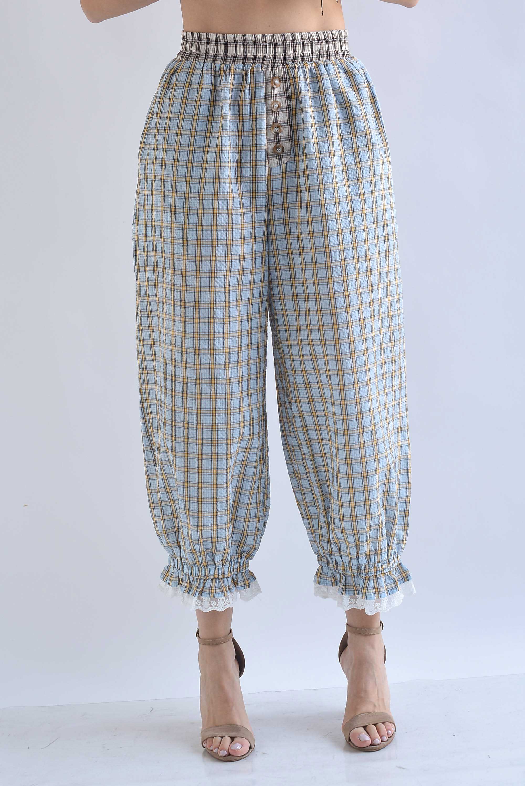 Pantalón globo cuadros olán encaje