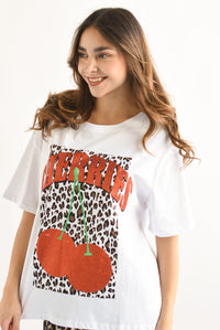 Fashion Styled T-Shirt Cherries glitter leopardo Blanco