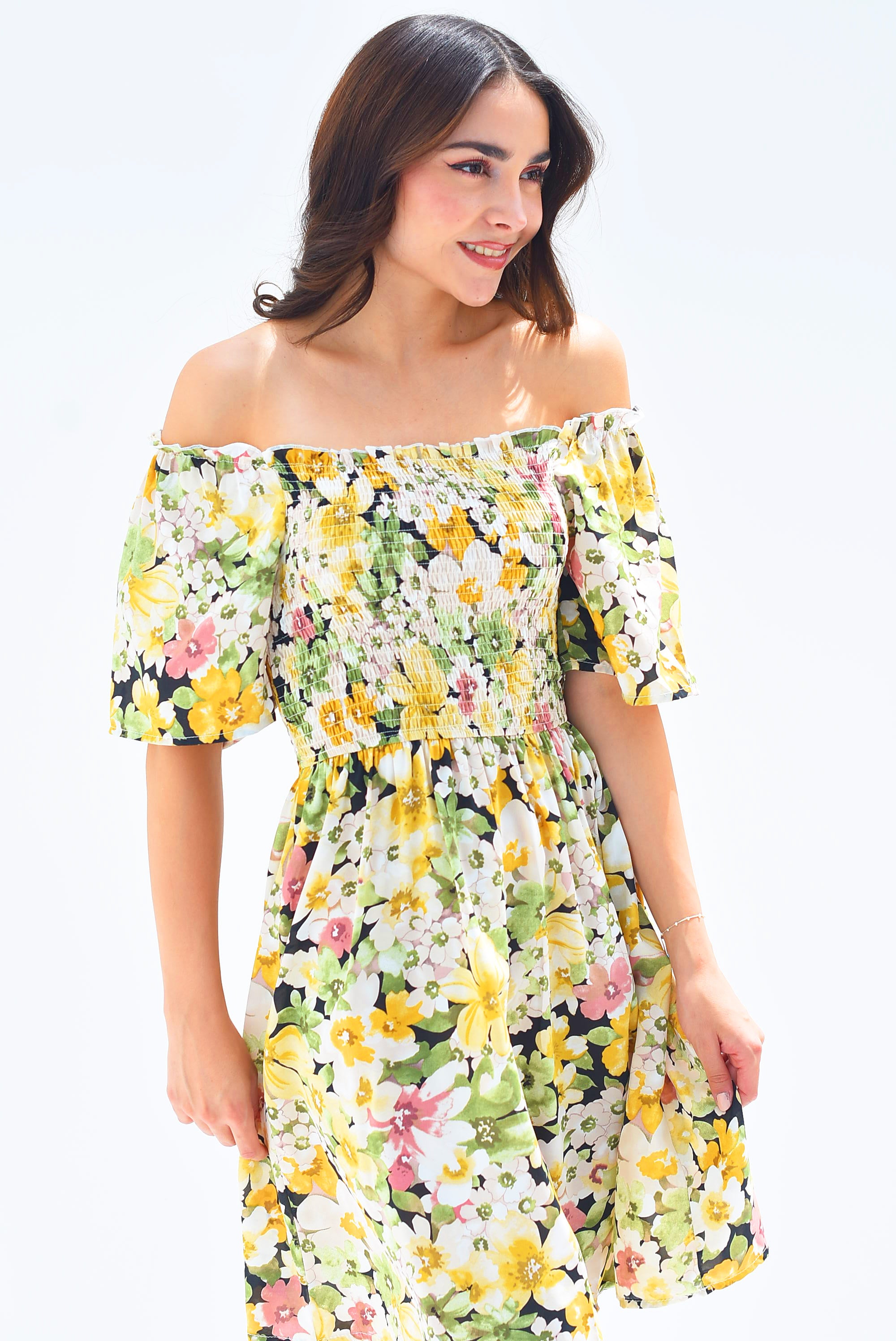 Vestido elástico floral Amarillo