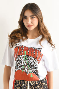 Fashion Styled T-Shirt Cherries glitter leopardo Blanco