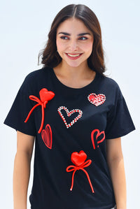 Fashion Styled T-Shirt corazones Negra con Rojo