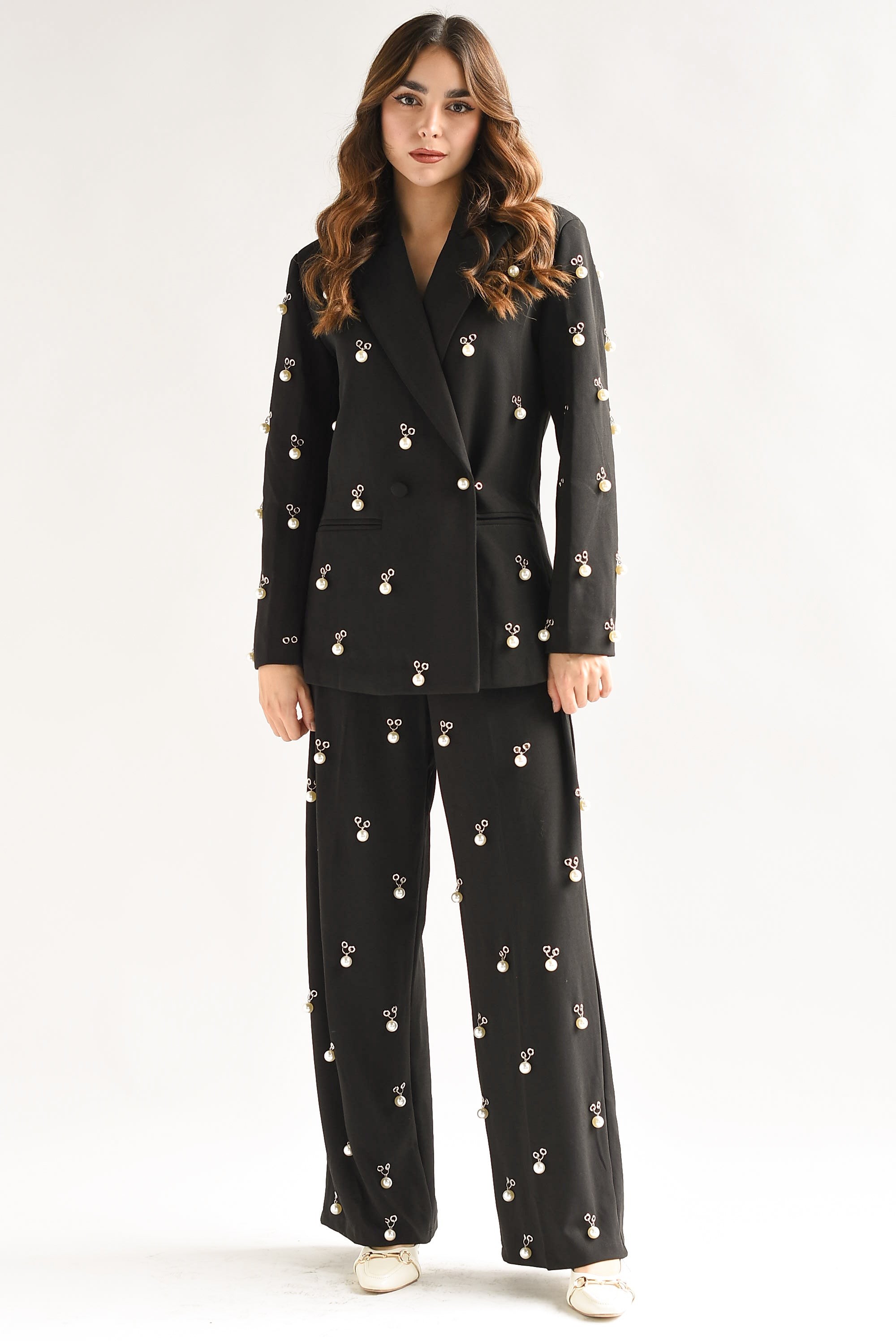 Set Pantalón y Blazer perlas chuncky Negro