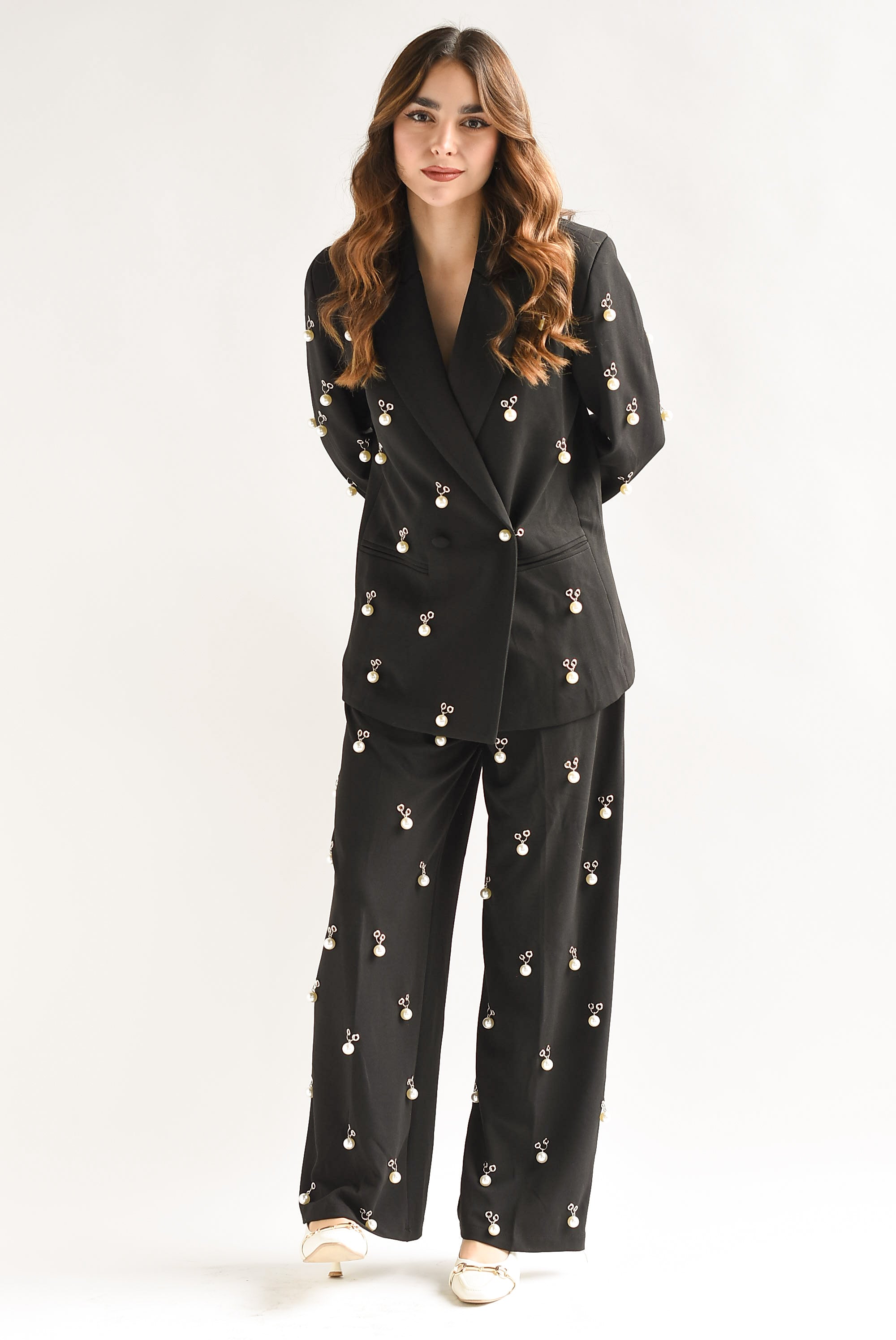 Set Pantalón y Blazer perlas chuncky Negro