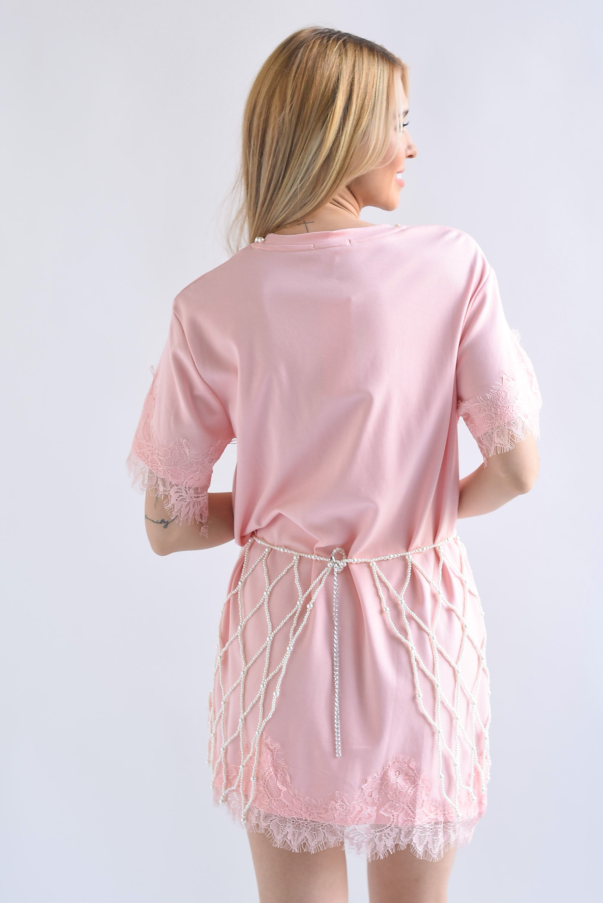 T-Shirt dress encaje con Falda perlas