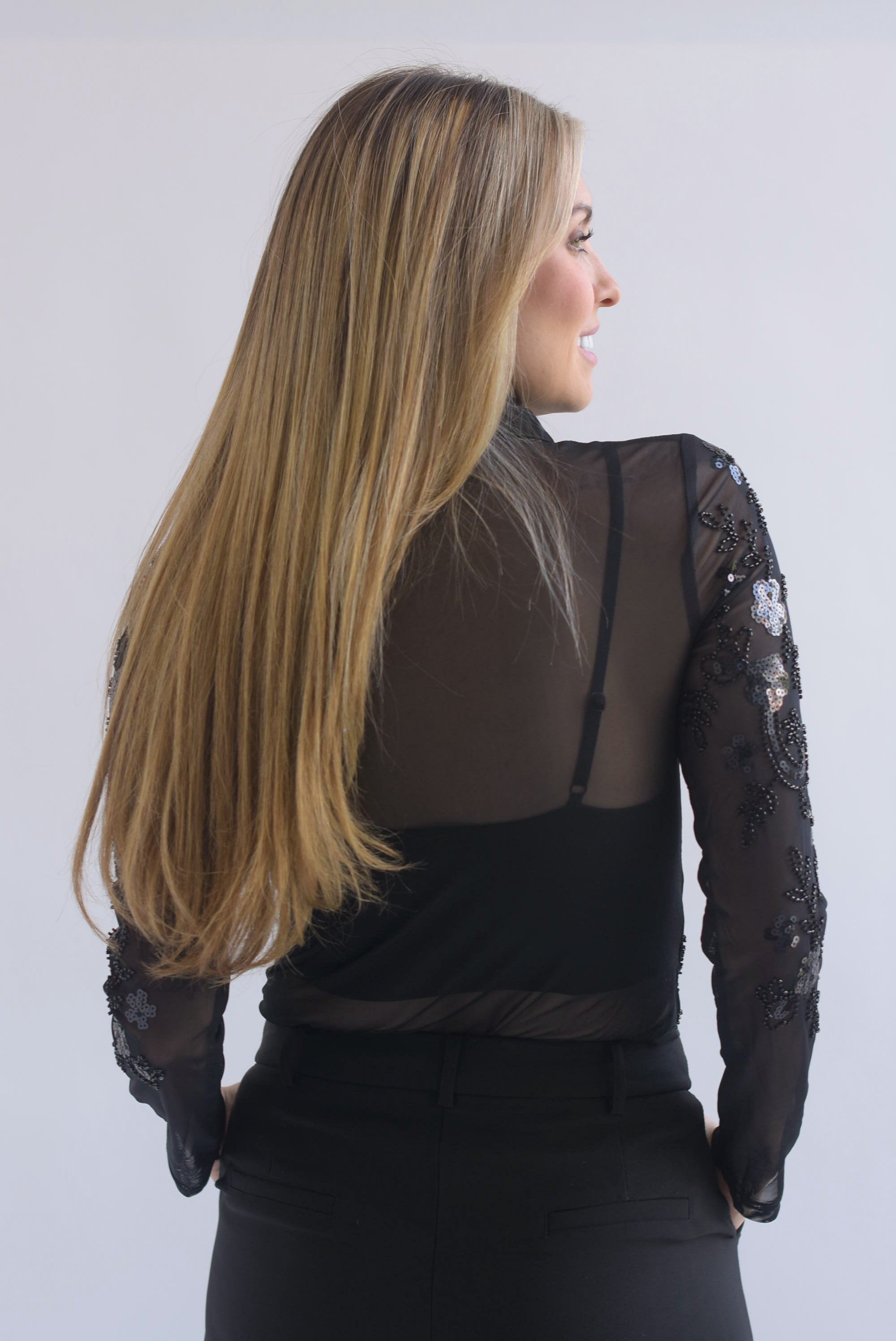 Body mesh cuello camisero flores lentejuela