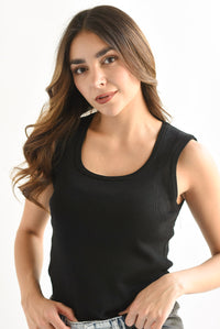 Fashion Styled Top punto cuello redondo Negro