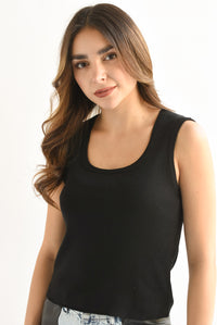 Fashion Styled Top punto cuello redondo Negro