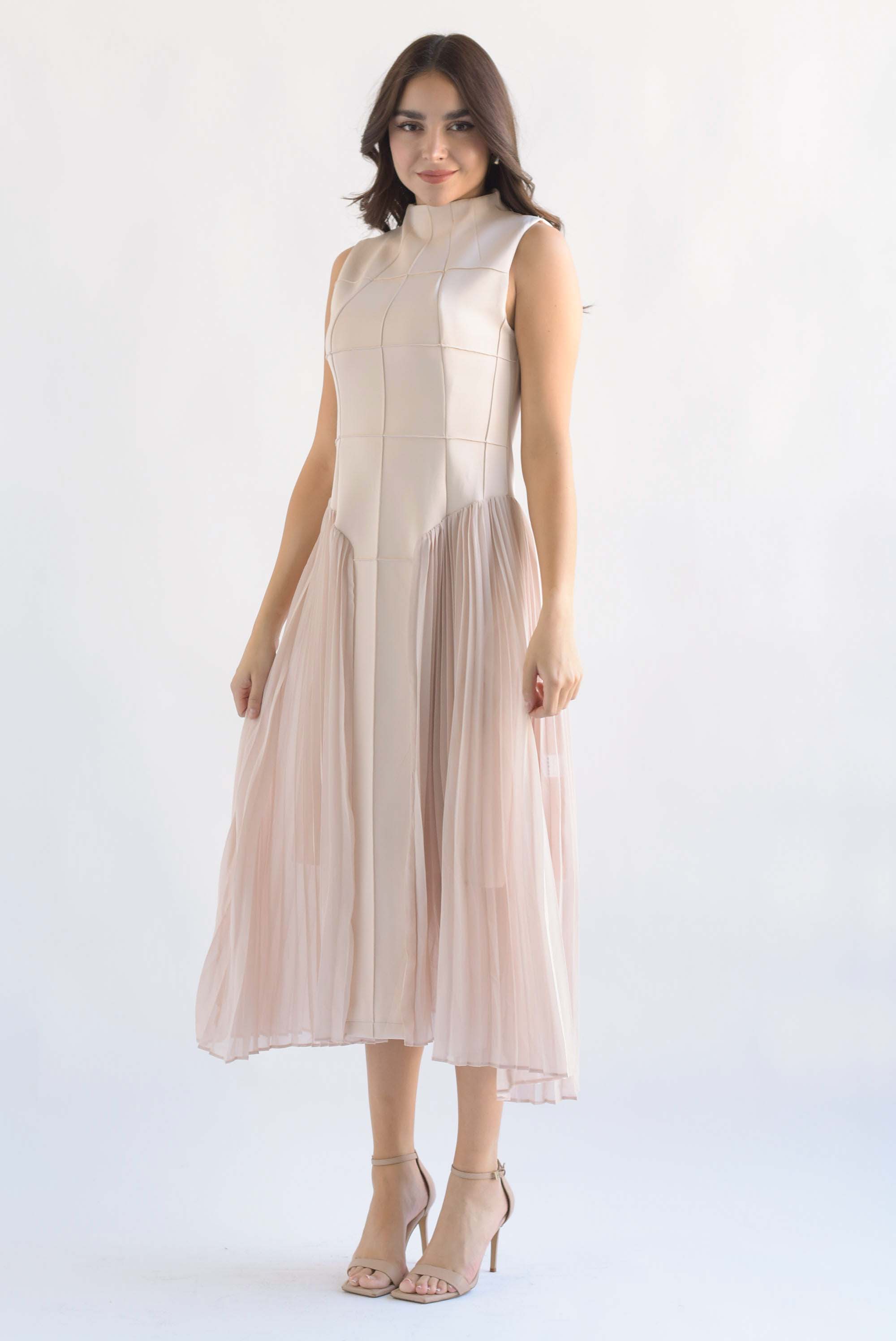 Vestido plisado torso cuadros Blush