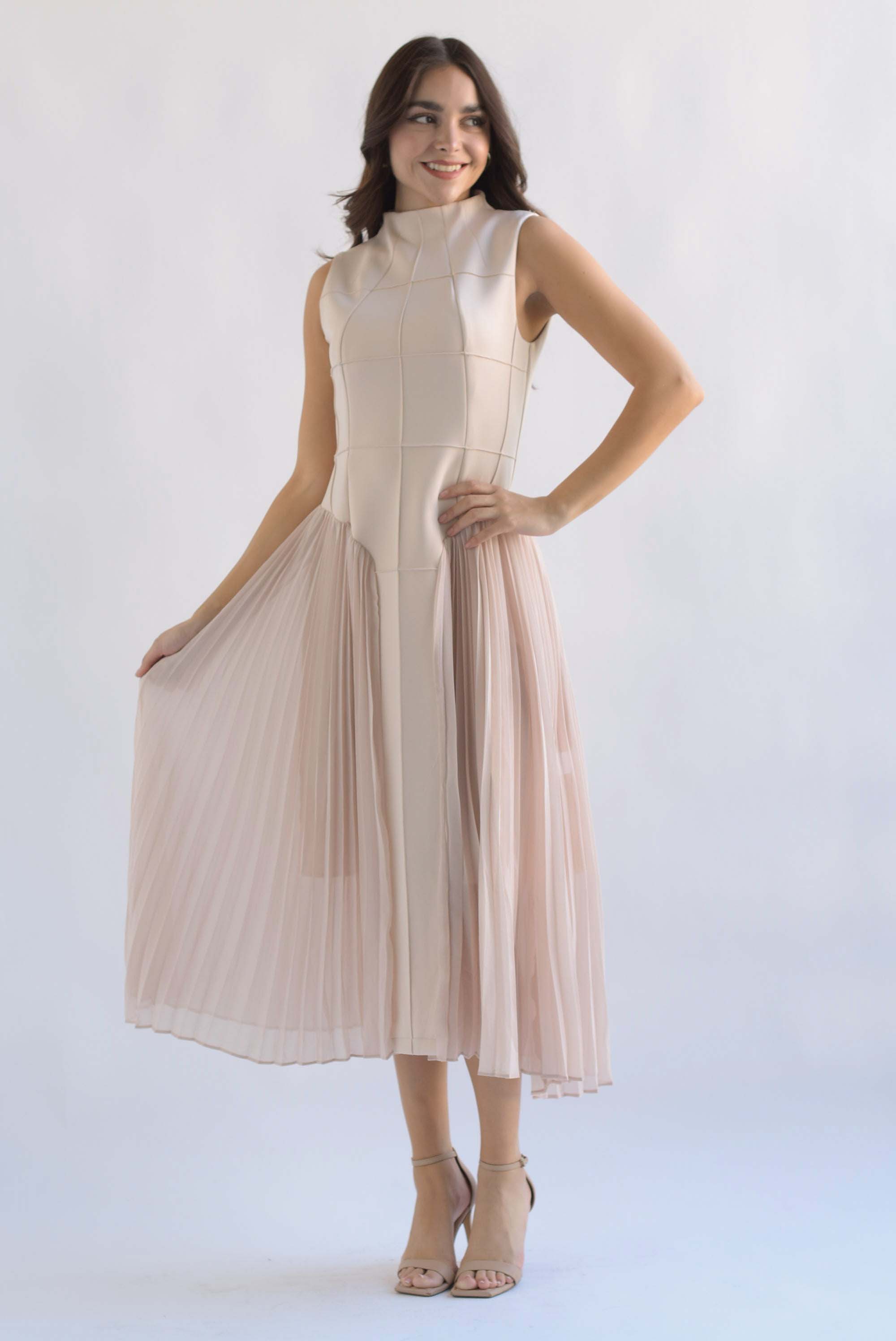 Vestido plisado torso cuadros Blush