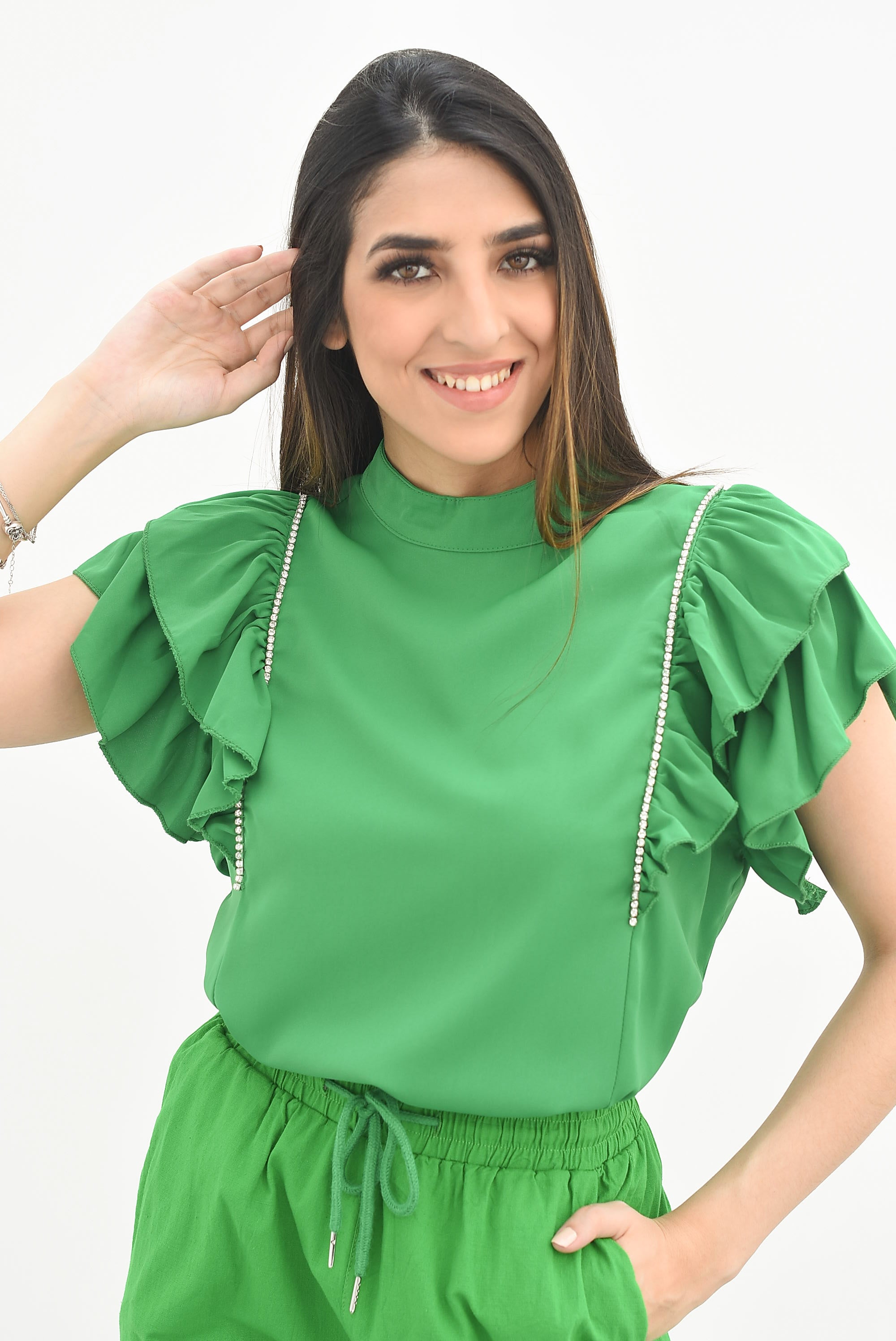 Blusa manga olán brillos Verde