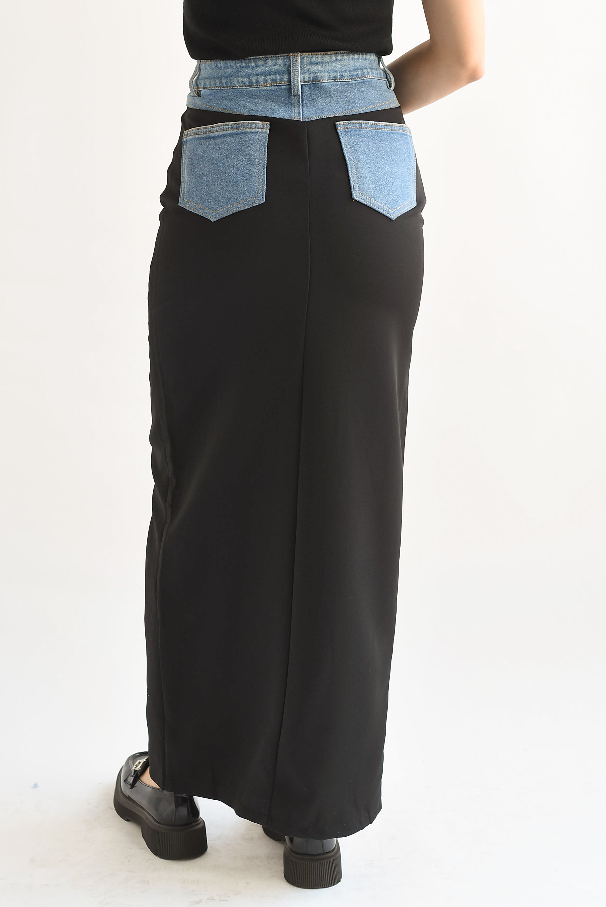 Falda larga pretina Denim Negra