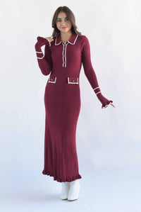 Fashion Styled Vestido cuello camisero filos blancos Vino