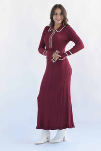 Fashion Styled Vestido cuello camisero filos blancos Vino