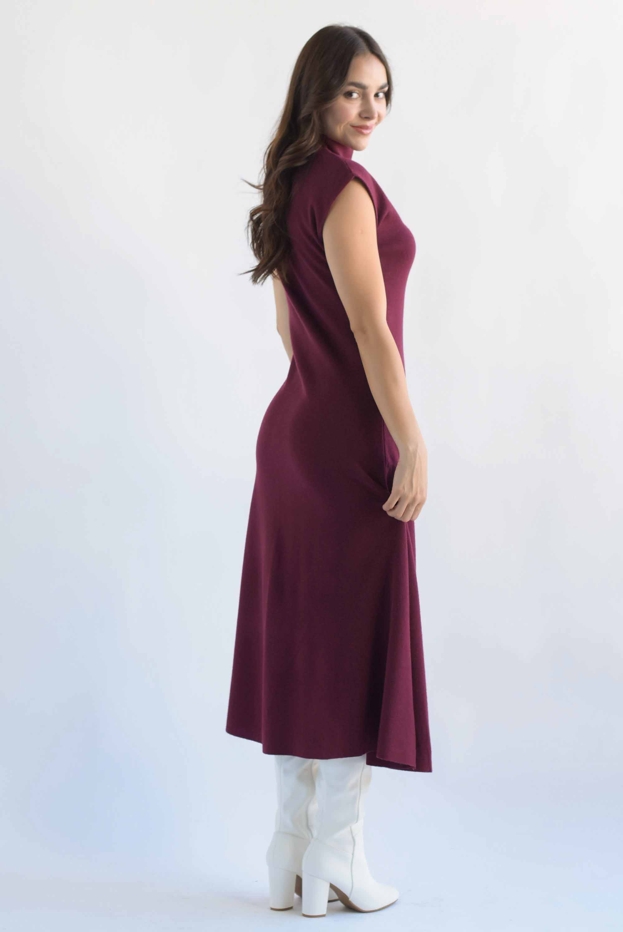 Vestido largo punto cuello perkins Vino