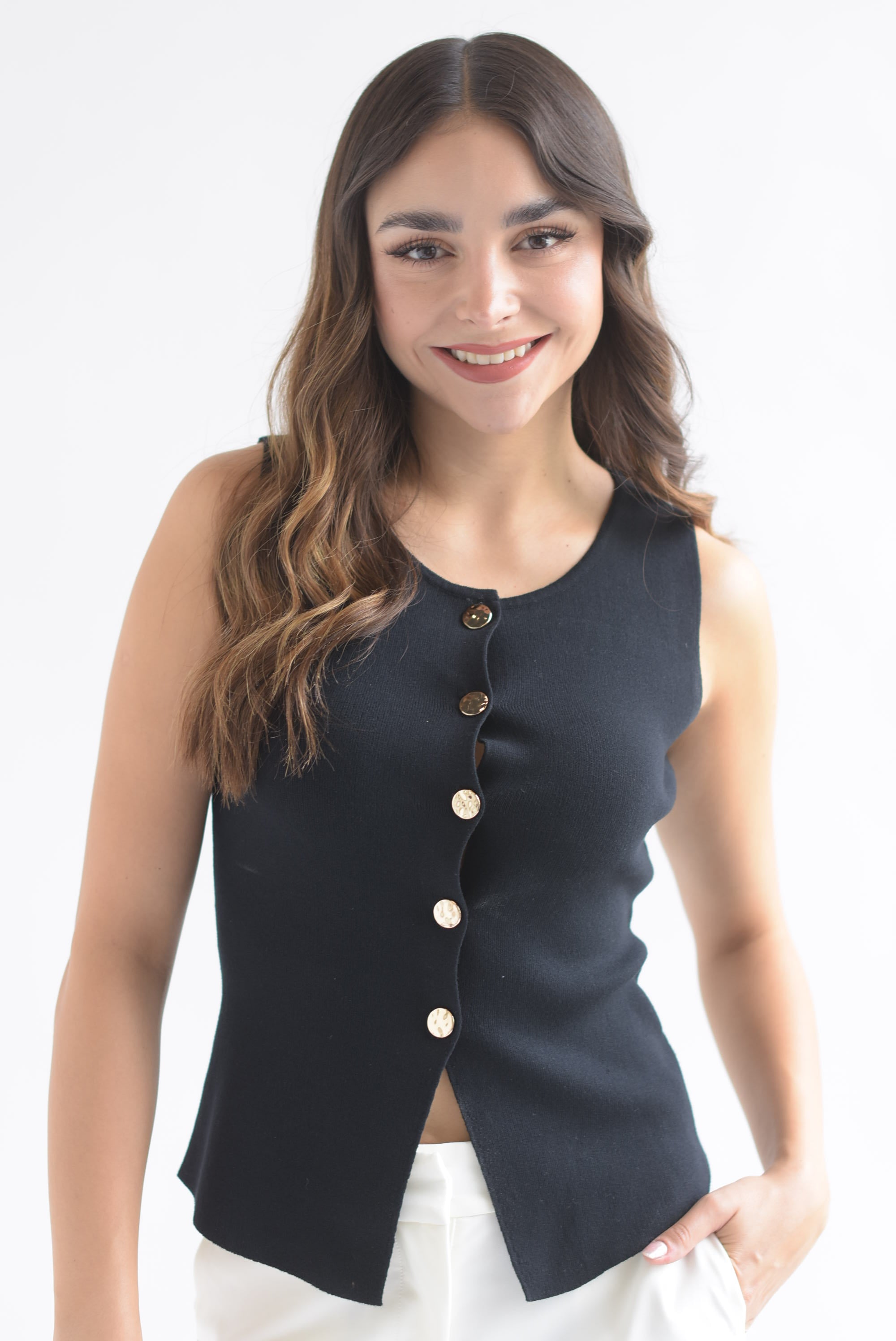 Chaleco punto botones dorados Negro