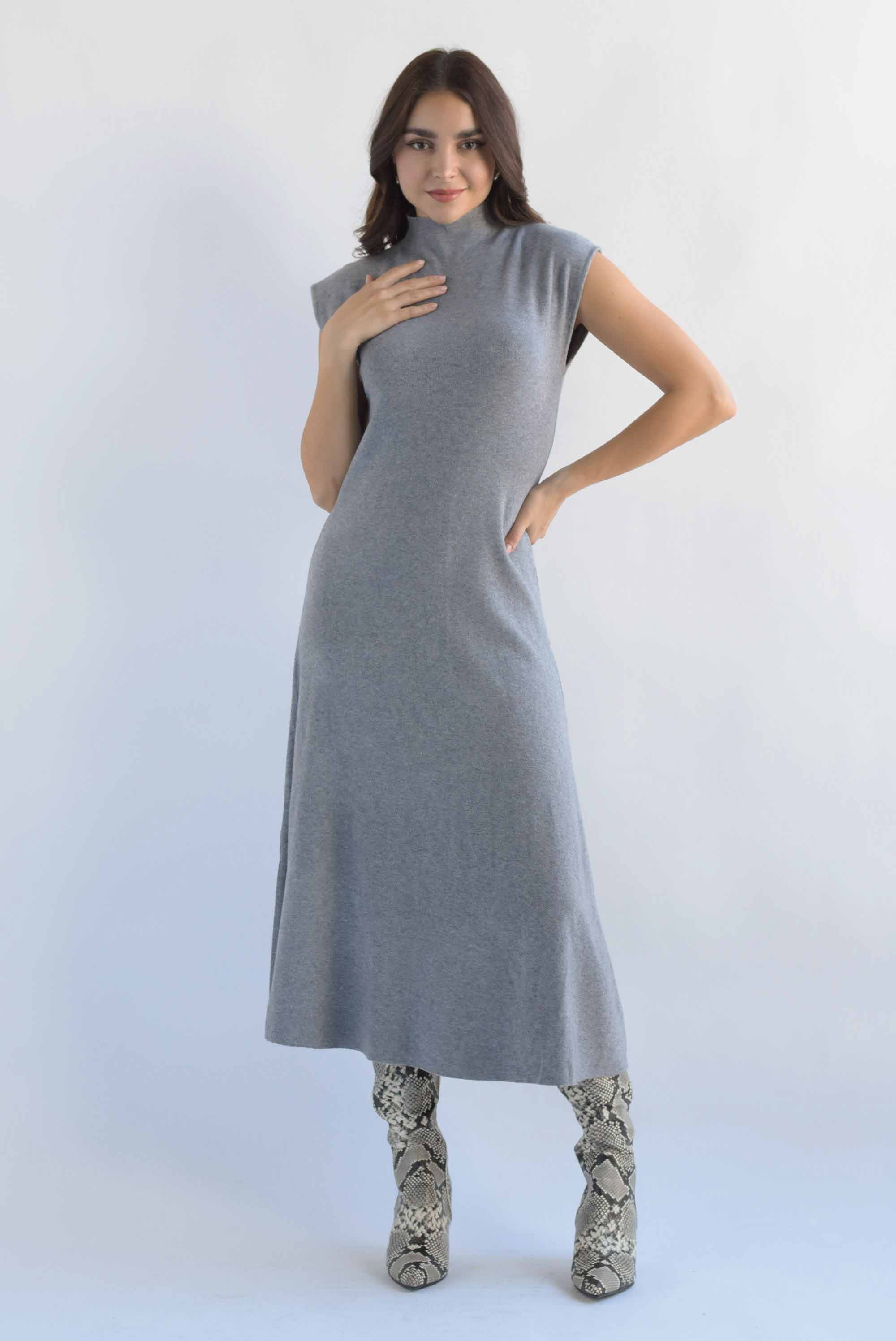 Vestido largo punto cuello perkins Gris